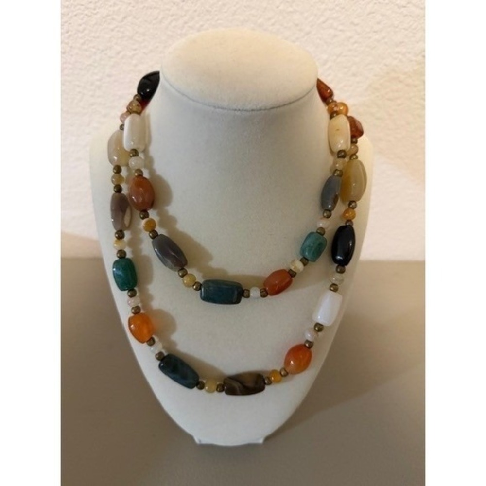 Vintage Multi Color Agate Gemstone Beggars Bead Statement Necklace 36"